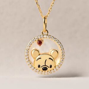 14K Gold Winnie the Pooh Rhinestone Circle Necklace